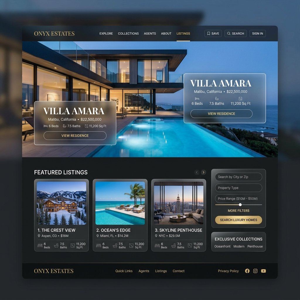 Luxury real estate platform with high-end dark mode UI